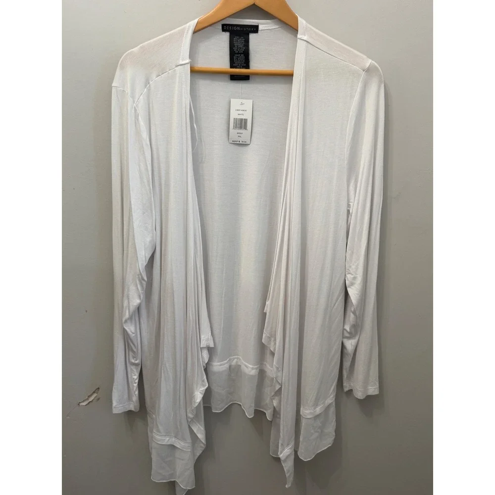 NWT Design History White Draped Cardigan Open Front Mesh Trim Women Missy XXL